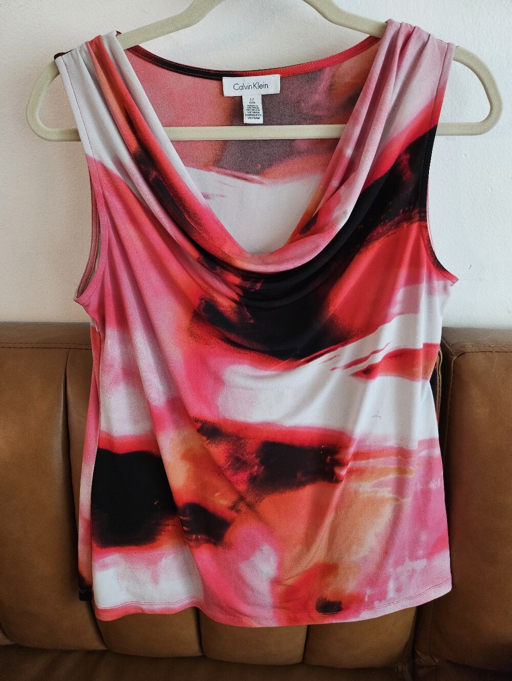 XL- Calvin Klein Pink Red Black Print Draped Neck Sleeveless Camisole